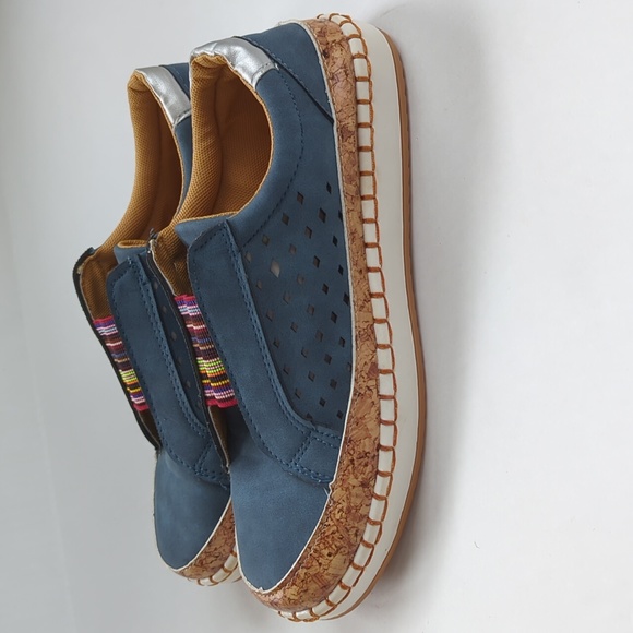 Faux Suede Leather Perforated Cork Look Slip On Sneaker 8 Blue - Picture 4 of 16